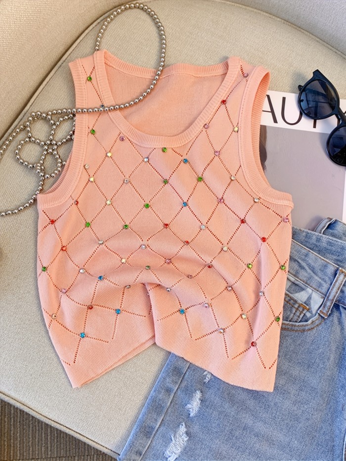 Colorful Rhinestone Knitted Tank Top, Casual Crew Neck Sleeveless Tank Top For Summer, Women's Clothing