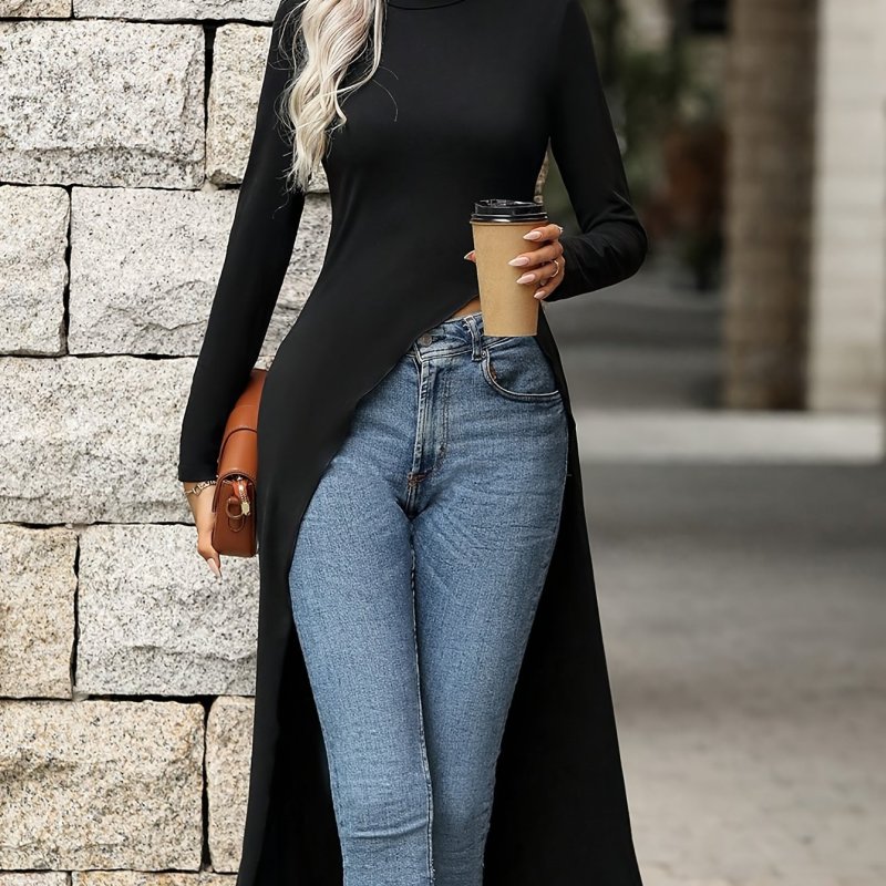 Elegant Long Sleeve Split Hem Mock Neck Slim Fit Top - Chic Design for Spring & Fall, Comfortable Women's Long Length Clothing for Everyday Wear