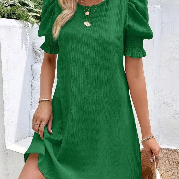 Solid Color Crew Neck Dress, Casual Puff Sleeve Dress For Spring & Summer, Women's Clothing For Elegant Dressing