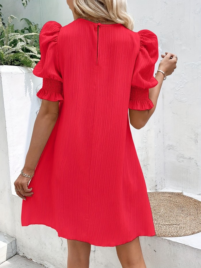 Solid Color Crew Neck Dress, Casual Puff Sleeve Dress For Spring & Summer, Women's Clothing For Elegant Dressing