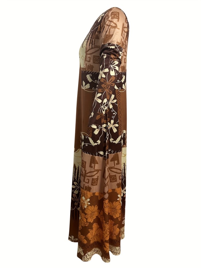 Vibrant Floral Print Pendulum Maxi Dress - Soft Micro Elasticity, Crew Neck, Long Sleeve, Machine Washable - Perfect for Spring and Fall, Casual Womens Clothing