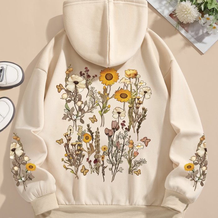 Floral Print Hooded Sweatshirt - Soft Micro Elasticity Polyester Fabric, Drawstring Casual Style, Machine Washable, Perfect for Winter & Fall - Womens Clothing