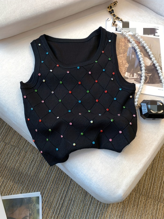 Colorful Rhinestone Knitted Tank Top, Casual Crew Neck Sleeveless Tank Top For Summer, Women's Clothing