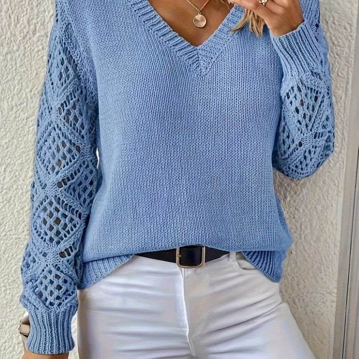 Solid Pointelle Detail Knitted Sweater, Elegant V-neck Long Sleeve Pullover, Women's Clothing