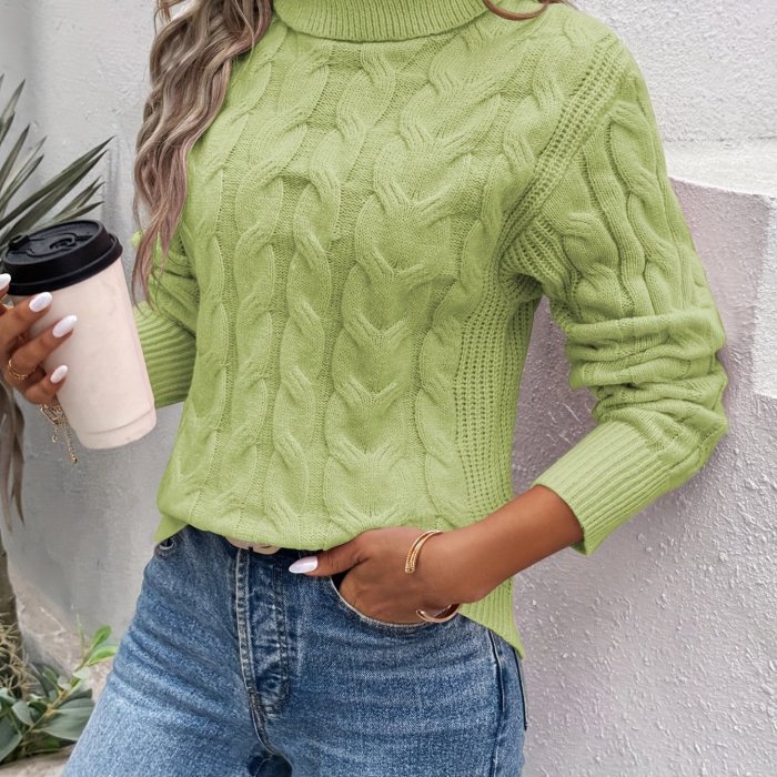 Cable Knitted Turtle Neck Knitted Sweater, Elegant Long Sleeve Pullover Sweater For Fall & Winter, Women's Clothing
