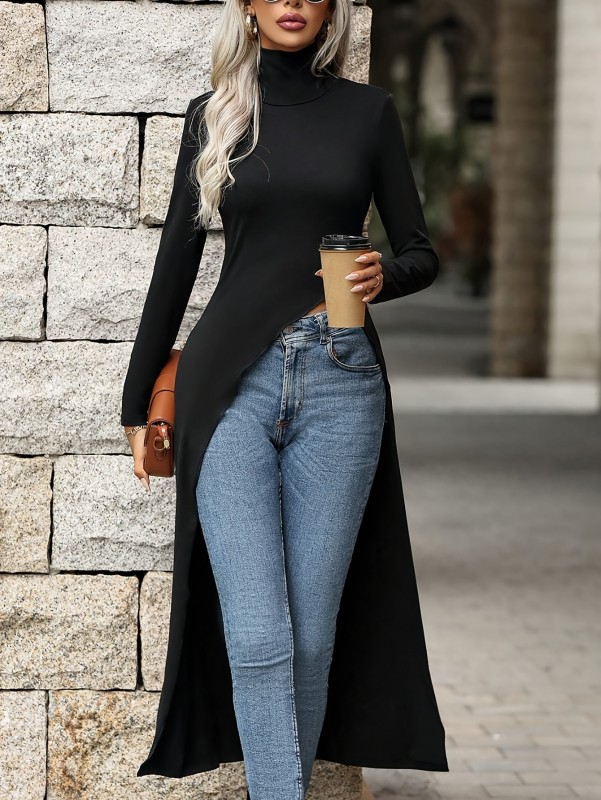 Elegant Long Sleeve Split Hem Mock Neck Slim Fit Top - Chic Design for Spring & Fall, Comfortable Women's Long Length Clothing for Everyday Wear