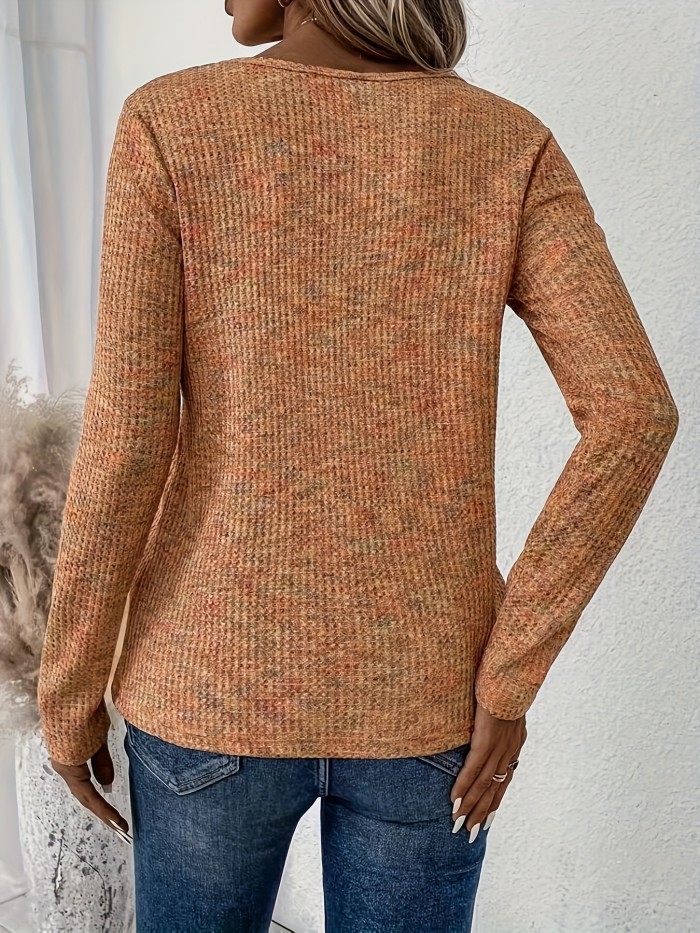 Solid V Neck Button Decor T-shirt, Elegant Long Sleeve Top For Spring & Fall, Women's Clothing