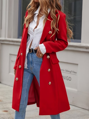 Double-breasted Lapel Coat, Elegant Solid Long Sleeve Midi Length Coat For Fall & Winter, Women's Clothing