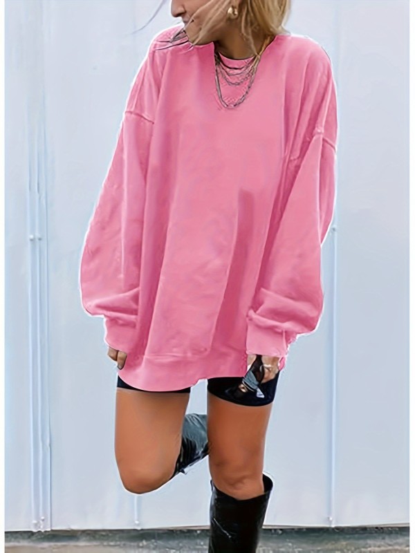 Solid Fashion Oversize Pullover Sweatshirt, Casual Long Sleeve Crew Neck Sweatshirt For Spring & Fall, Women's Clothing