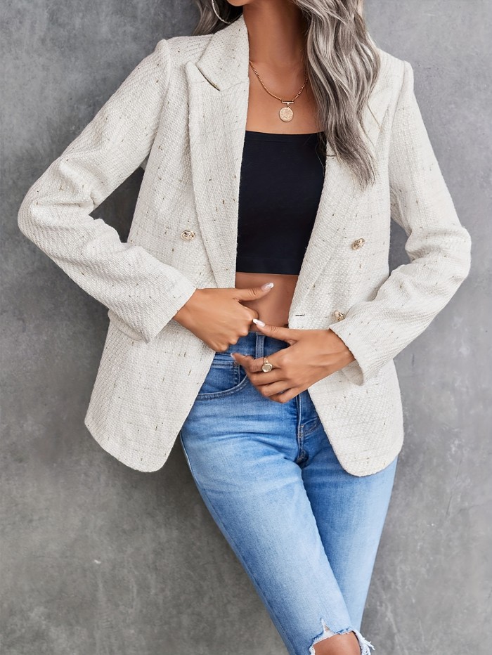 Elegant Double Breasted Solid Color Polyester Blazer for Women - Fall\u002FWinter Chic Woven Jacket with Long Sleeves and Regular Fit