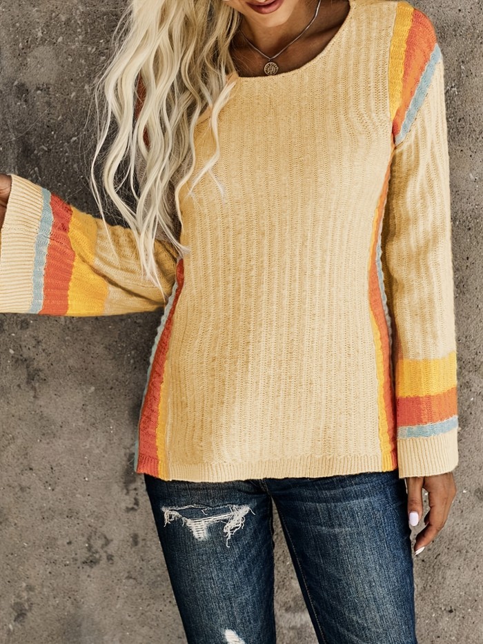 Vibrant Color Block Split Knit Sweater - Soft, Breathable, Crew Neck, Long Sleeve, Casual, Womens Clothing - Perfect for Daily Wear, Outdoor Activities, and Layering