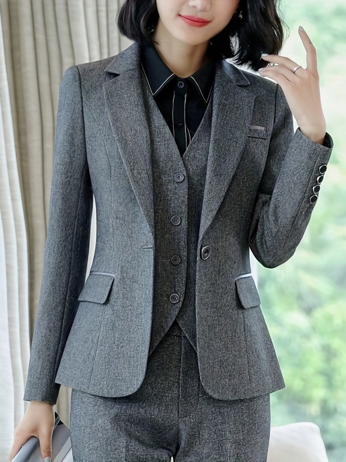 Solid Button Front Blazer, Elegant Lapel Long Sleeve Blazer For Office & Work, Women's Clothing