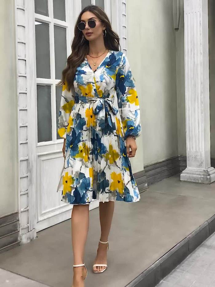 Floral Print Belted Pleated Dress, Elegant Long Sleeve V-neck Aline Dress For Spring & Fall, Women's Clothing