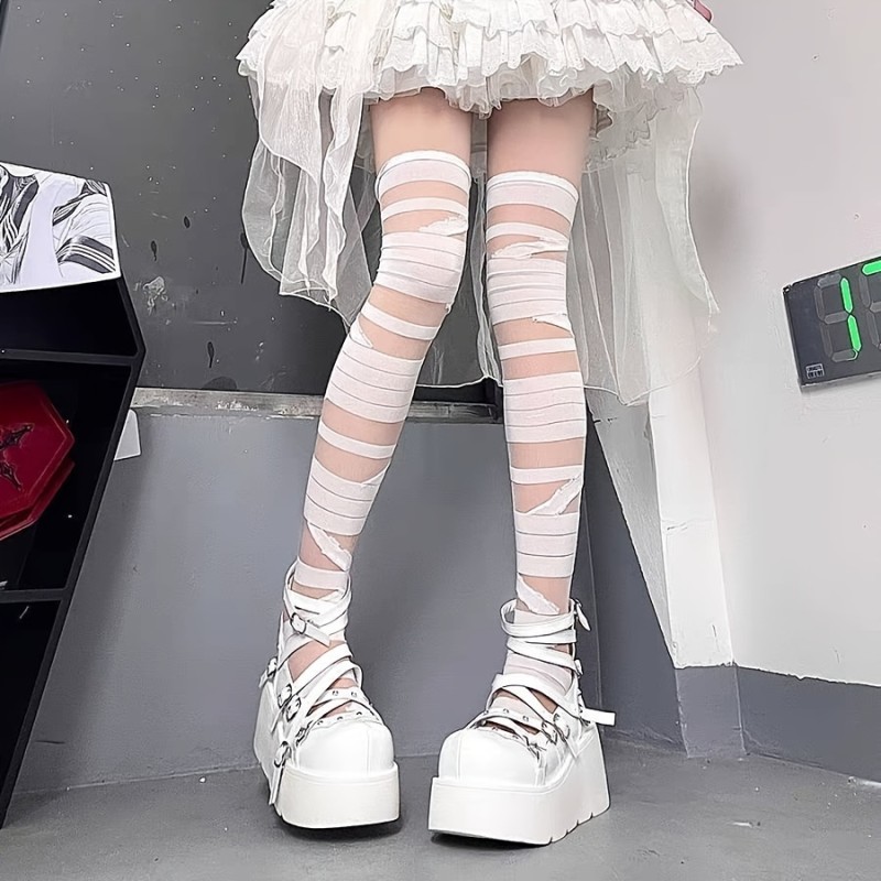 2 Pairs Strappy Pattern Stockings - Smooth, Soft, and Stretchy Over The Knee Socks with Lettuce Trim - Womens Polyamide Knit Fabric Hosiery for Everyday Wear