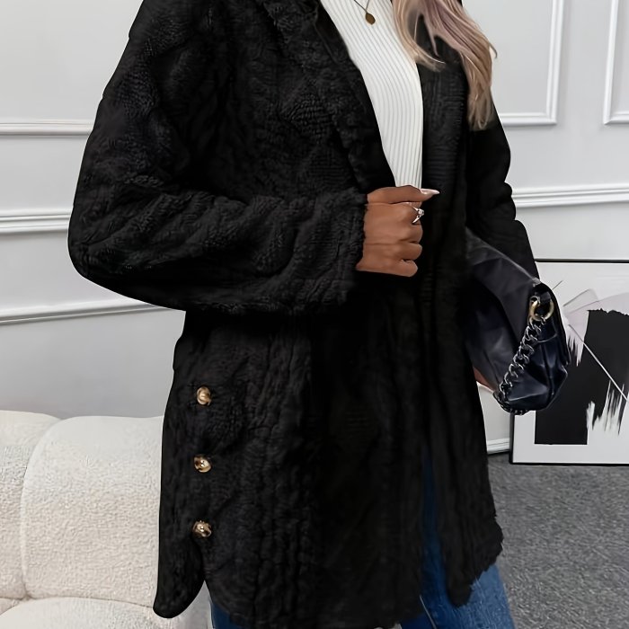 Solid Button Up Hooded Teddy Coat, Elegant Long Sleeve Split Side Faux Fur Outwear, Women's Clothing