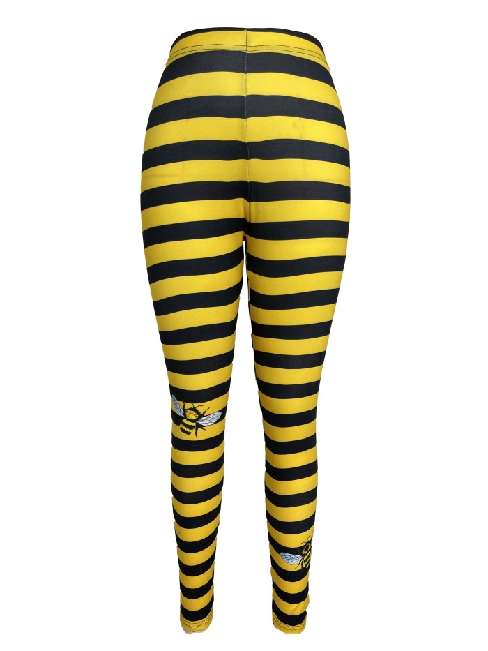 Striped & Bee Print Skinny Legigngs, Casual High Waist Every Day Leggings, Women's Clothing