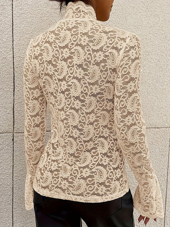 Paisley Pattern Lace T-Shirt, Long Sleeve High Neck Casual Top, Women's Clothing