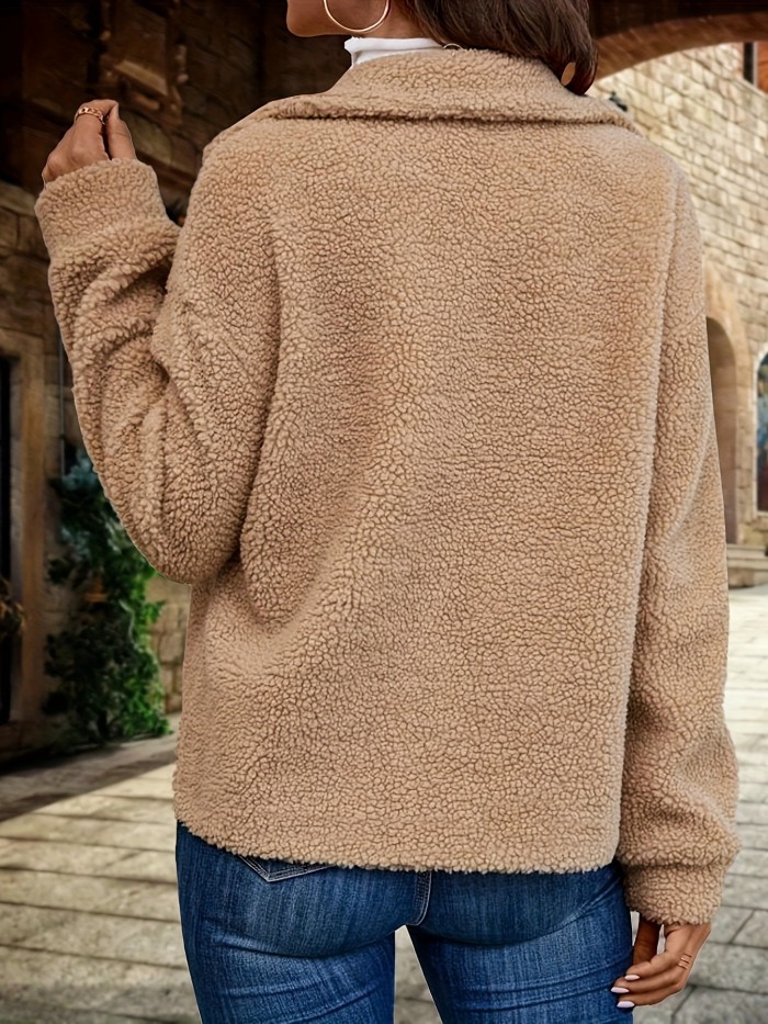 Button Front Long Sleeve Jacket, Casual Solid Color Lapel Drop Shoulder Jacket For Fall, Women's Clothing
