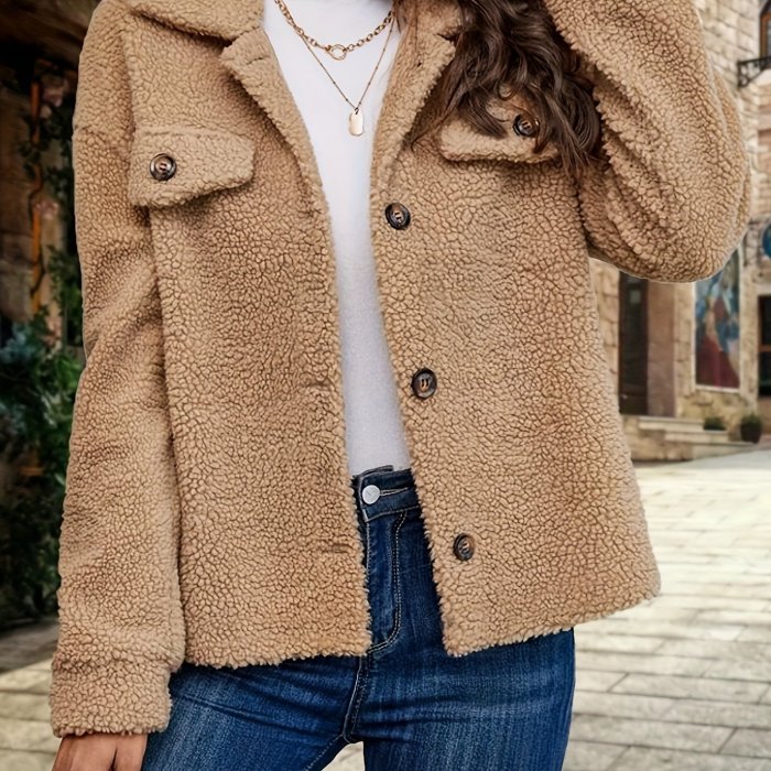 Button Front Long Sleeve Jacket, Casual Solid Color Lapel Drop Shoulder Jacket For Fall, Women's Clothing