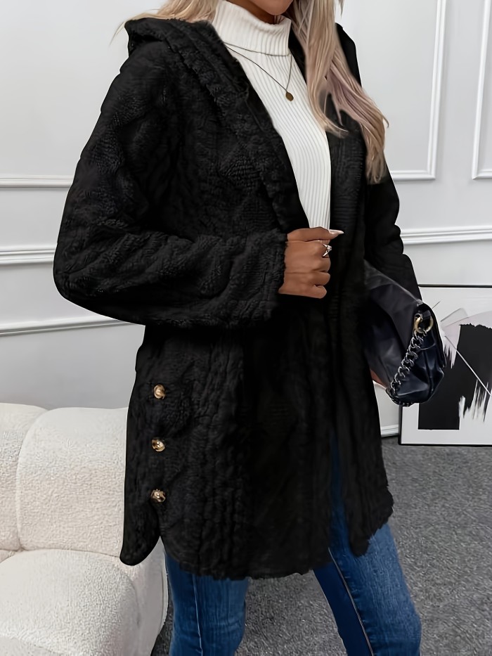 Solid Button Up Hooded Teddy Coat, Elegant Long Sleeve Split Side Faux Fur Outwear, Women's Clothing