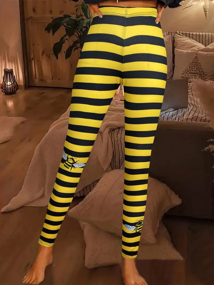 Striped & Bee Print Skinny Legigngs, Casual High Waist Every Day Leggings, Women's Clothing