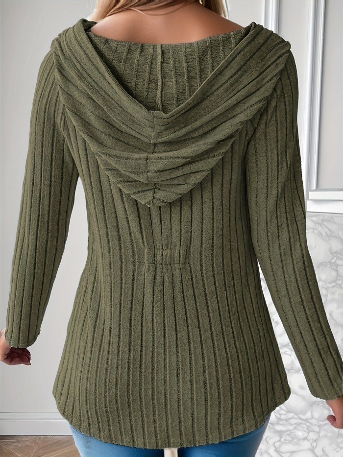 Button Front Long Sleeve Hoodie, Casual Solid Color Ribbed Hoodie For Spring & Fall, Women's Clothing