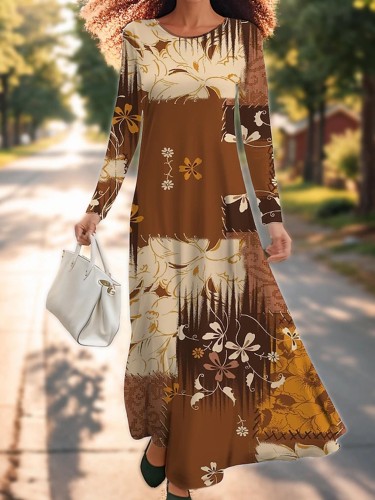 Vibrant Floral Print Pendulum Maxi Dress - Soft Micro Elasticity, Crew Neck, Long Sleeve, Machine Washable - Perfect for Spring and Fall, Casual Womens Clothing