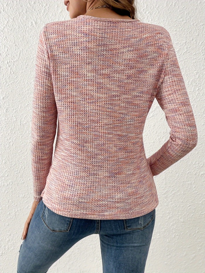 Solid V Neck Button Decor T-shirt, Elegant Long Sleeve Top For Spring & Fall, Women's Clothing