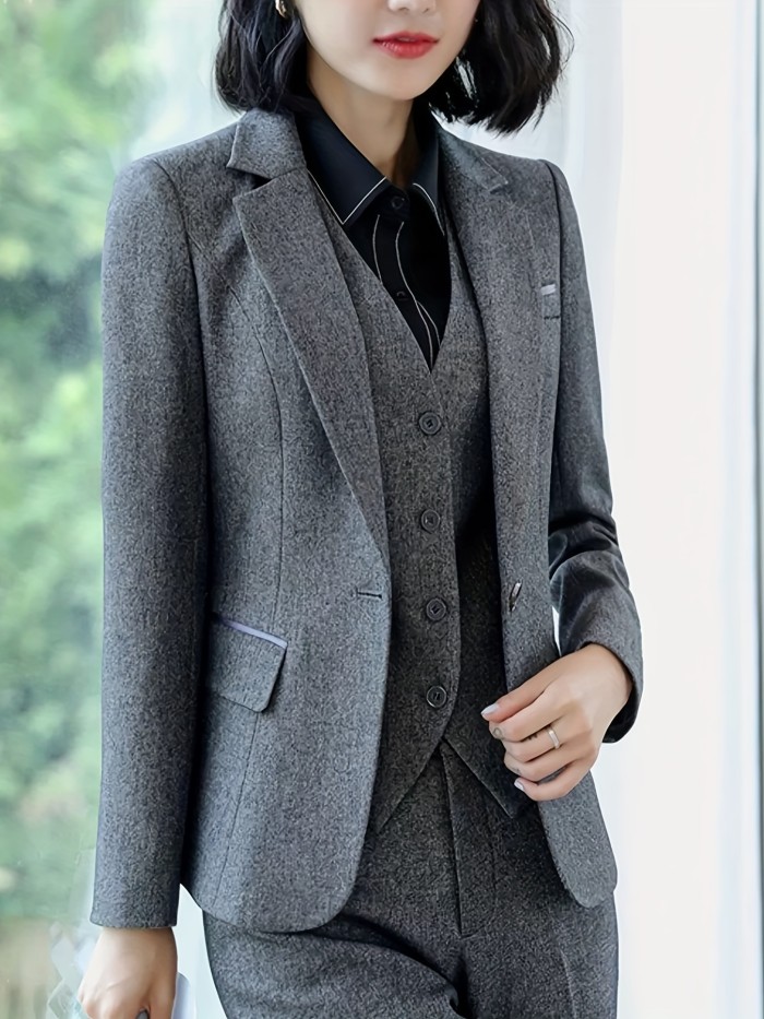 Solid Button Front Blazer, Elegant Lapel Long Sleeve Blazer For Office & Work, Women's Clothing