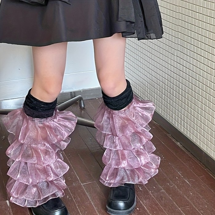 Ruffle Mesh Leg Warmers, Lace Stitching Sweet Socks, Women's Stockings & Hosiery