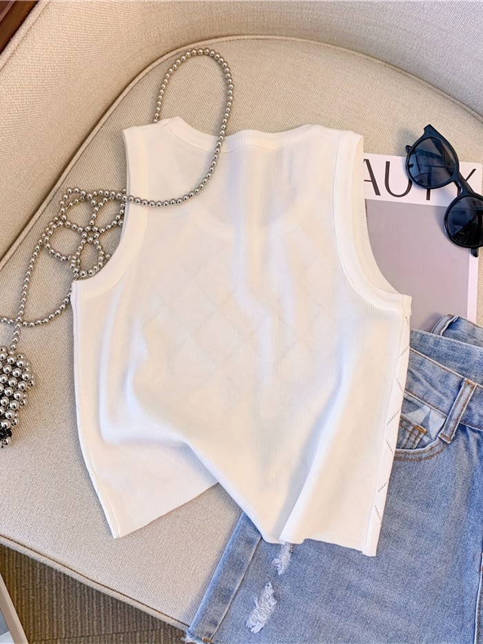 Colorful Rhinestone Knitted Tank Top, Casual Crew Neck Sleeveless Tank Top For Summer, Women's Clothing