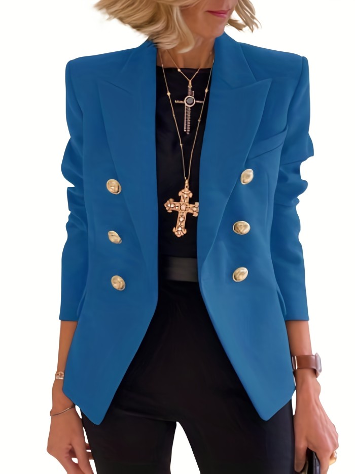 Lapel Double Breasted Blazer, Elegant Long Sleeve Solid Open Front Work Office Outerwear, Women's Clothing