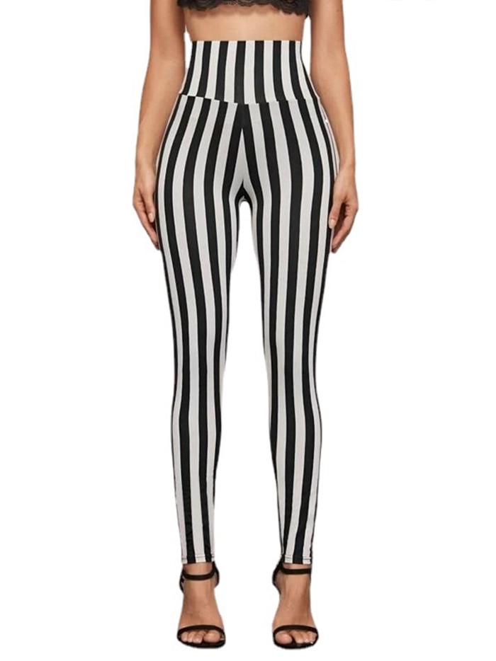High-Waisted Striped Yoga Leggings - Stretchy, Sweat-Wicking, Four-Way Stretch, Tight Fitting, Vertical Black and White Striped, Perfect for Exercise, Fitness, and Everyday Wear