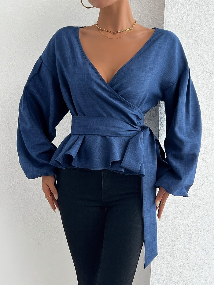 Elegant Polyester Blouse With Cross-Over Neckline, Long Sleeve, And Belted Waist, Suitable For Spring, Summer, And Fall