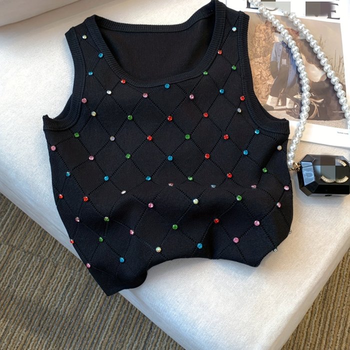 Colorful Rhinestone Knitted Tank Top, Casual Crew Neck Sleeveless Tank Top For Summer, Women's Clothing