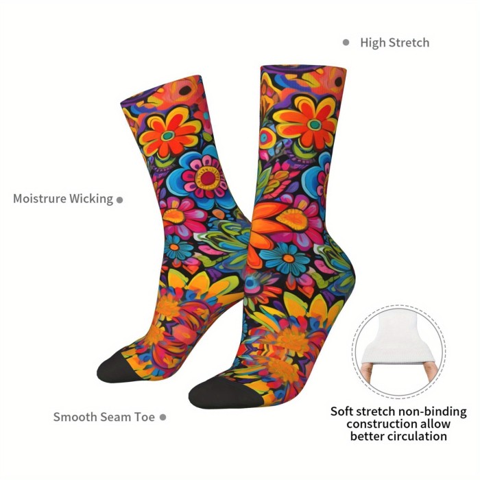 Retro Hip Hop Floral Compression Socks - Colorful, Fun Novelty Crew Socks For Men & Women, Breathable Polyester Blend