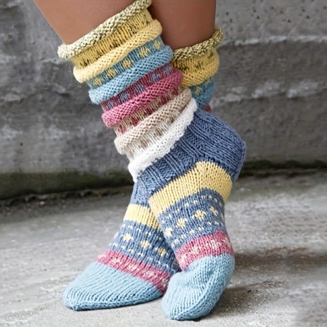 Vibrant Striped Knit Socks - Warm, Cozy, and Soft Mid-Tube Floor Socks for Fall and Winter - Vintage Style Women's Stockings and Hosiery for Cold Weather