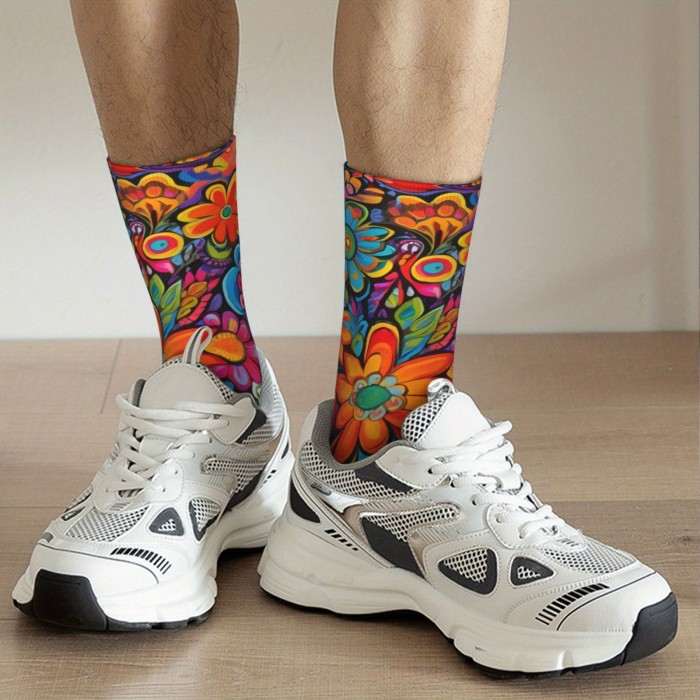Retro Hip Hop Floral Compression Socks - Colorful, Fun Novelty Crew Socks For Men & Women, Breathable Polyester Blend