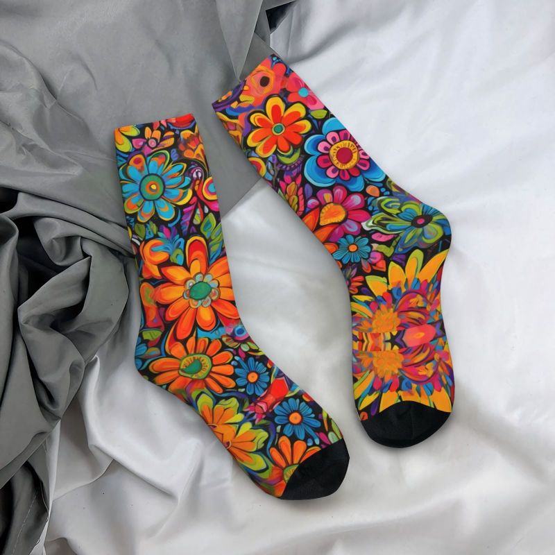 Retro Hip Hop Floral Compression Socks - Colorful, Fun Novelty Crew Socks For Men & Women, Breathable Polyester Blend