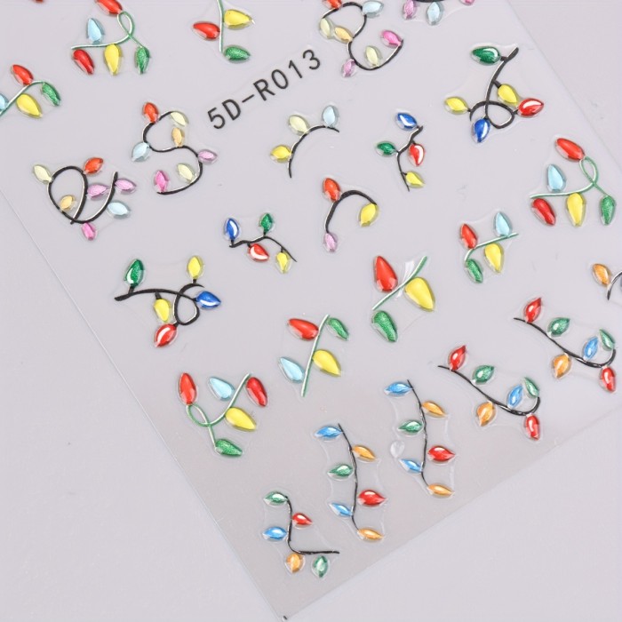 5D Christmas Lights Nail Art Stickers Decals - Self-Adhesive Plastic Nail Embellishments, Glossy Finish, Fantasy Theme, Solid Pattern, Embroidered Look, Rectangle Shape for Nails Decoration (2 Sheets, Model 5D-R013+013)