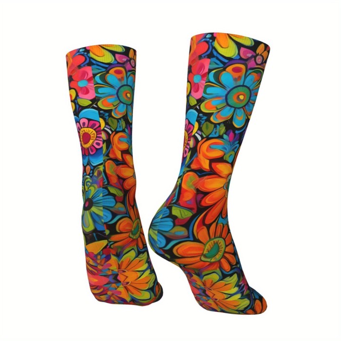 Retro Hip Hop Floral Compression Socks - Colorful, Fun Novelty Crew Socks For Men & Women, Breathable Polyester Blend