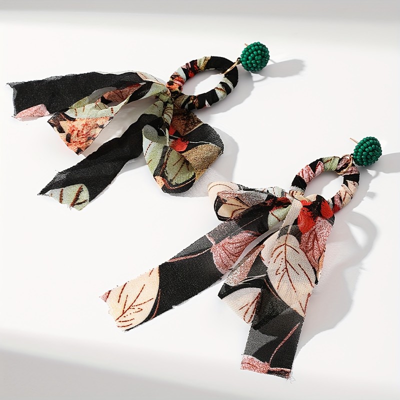 Boho-Chic Oval Tassel Earrings For Women - Stainless Steel Posts, Polyester Fabric, Perfect For Everyday & Vacation Wear