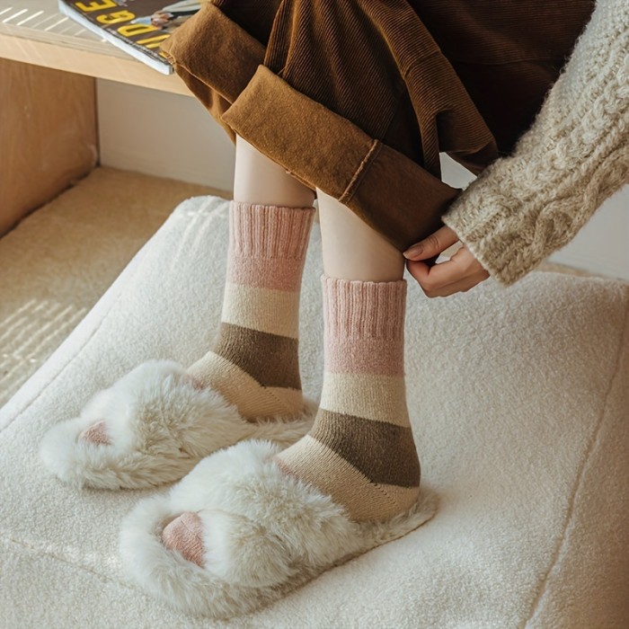 4 Pairs Womens Ultra-Soft Thickened Terry Socks - Insulated, Cozy Mid-Calf for Everyday Wear - Comfy Fashionable Stockings & Hosiery Set