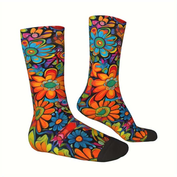 Retro Hip Hop Floral Compression Socks - Colorful, Fun Novelty Crew Socks For Men & Women, Breathable Polyester Blend
