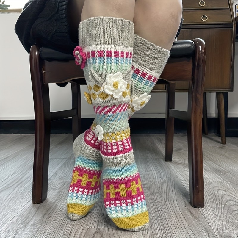 Floral Decor Knit Calf Socks, Colorful Crochet Knee High Socks, Women's Stockings & Hosiery