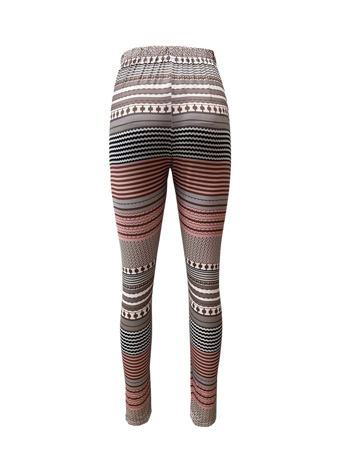 Stretchy High-Waisted Striped Leggings for Women - Soft, Breathable, Four-Way Stretch, Casual, Skinny Fit, Comfortable, Everyday Wear, Women's Clothing