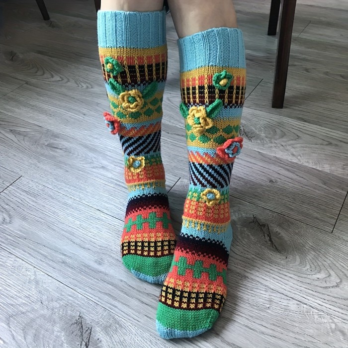 Floral Decor Knit Calf Socks, Colorful Crochet Knee High Socks, Women's Stockings & Hosiery