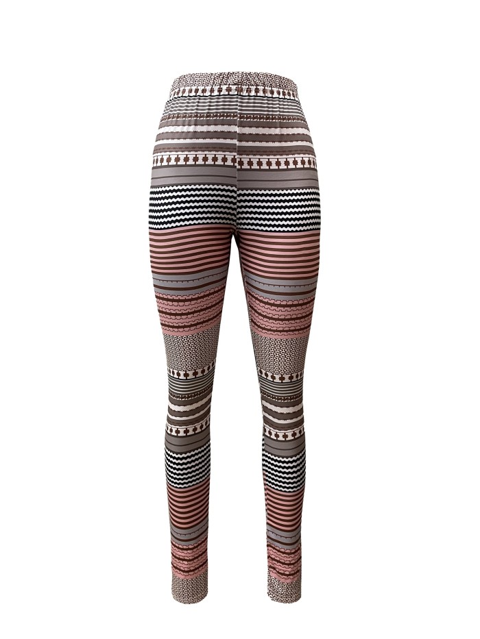 Stretchy High-Waisted Striped Leggings for Women - Soft, Breathable, Four-Way Stretch, Casual, Skinny Fit, Comfortable, Everyday Wear, Women's Clothing