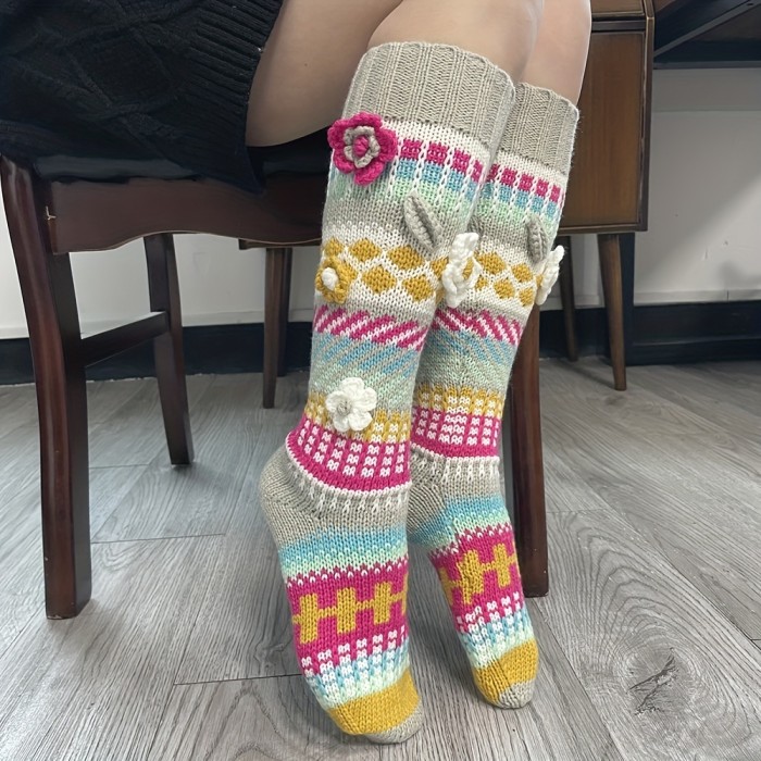 Floral Decor Knit Calf Socks, Colorful Crochet Knee High Socks, Women's Stockings & Hosiery