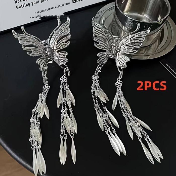 2PCS Butterfly Tassel Hair Claw Clips Set For Women, Fashion Trendy Sparkling Alloy Punk Y2K Hair Accessories, Perfect For Party Photography, Ideal Gifts For Her